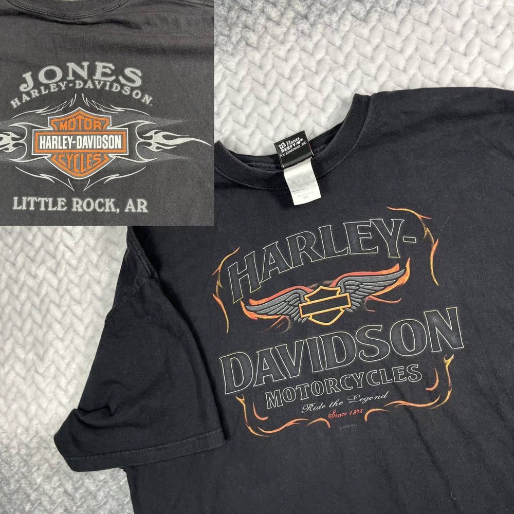Harley Davidson Jones Little Rock Ark BLK Graphic T 2XL VTG 03 Hanes Beefy T USA
